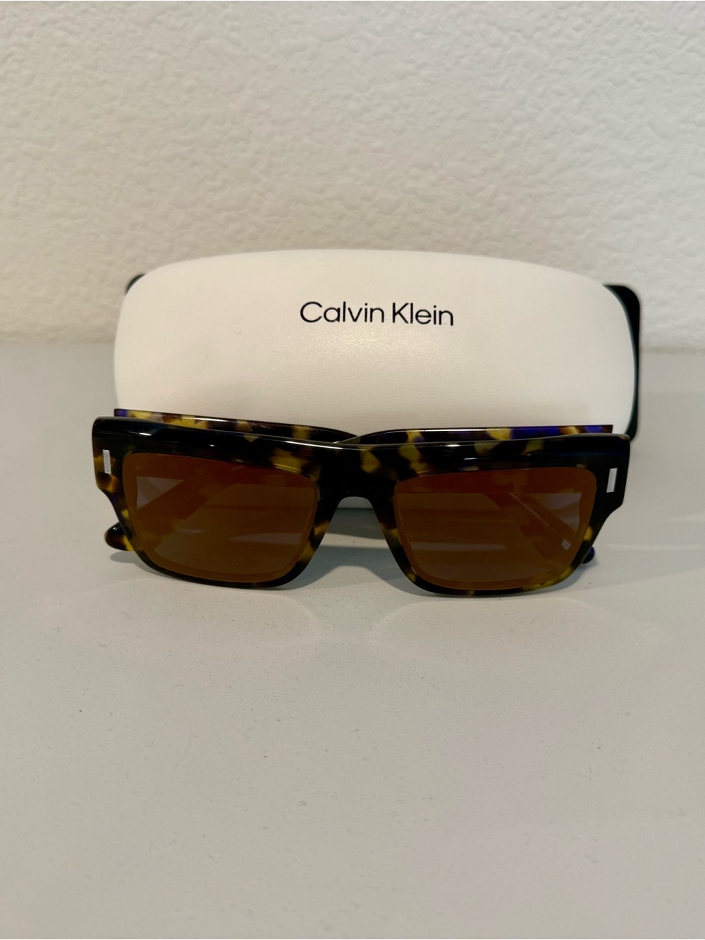 Calvin Klein Tortoise Rectangular Sunglasses with Brown Lenses